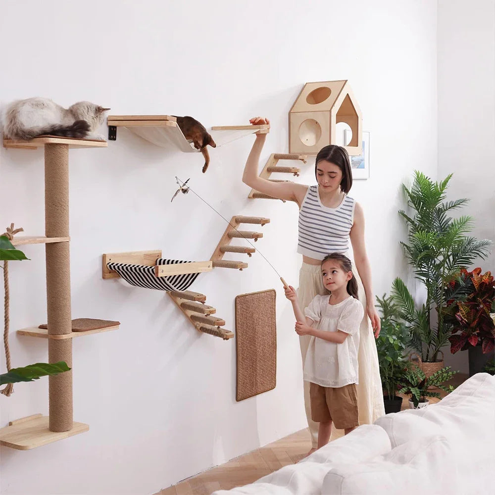 Cat Wall Climbing Shelf with Ladder, Scratching Post, and Hiding House - Pet Furniture Accessory for Cats