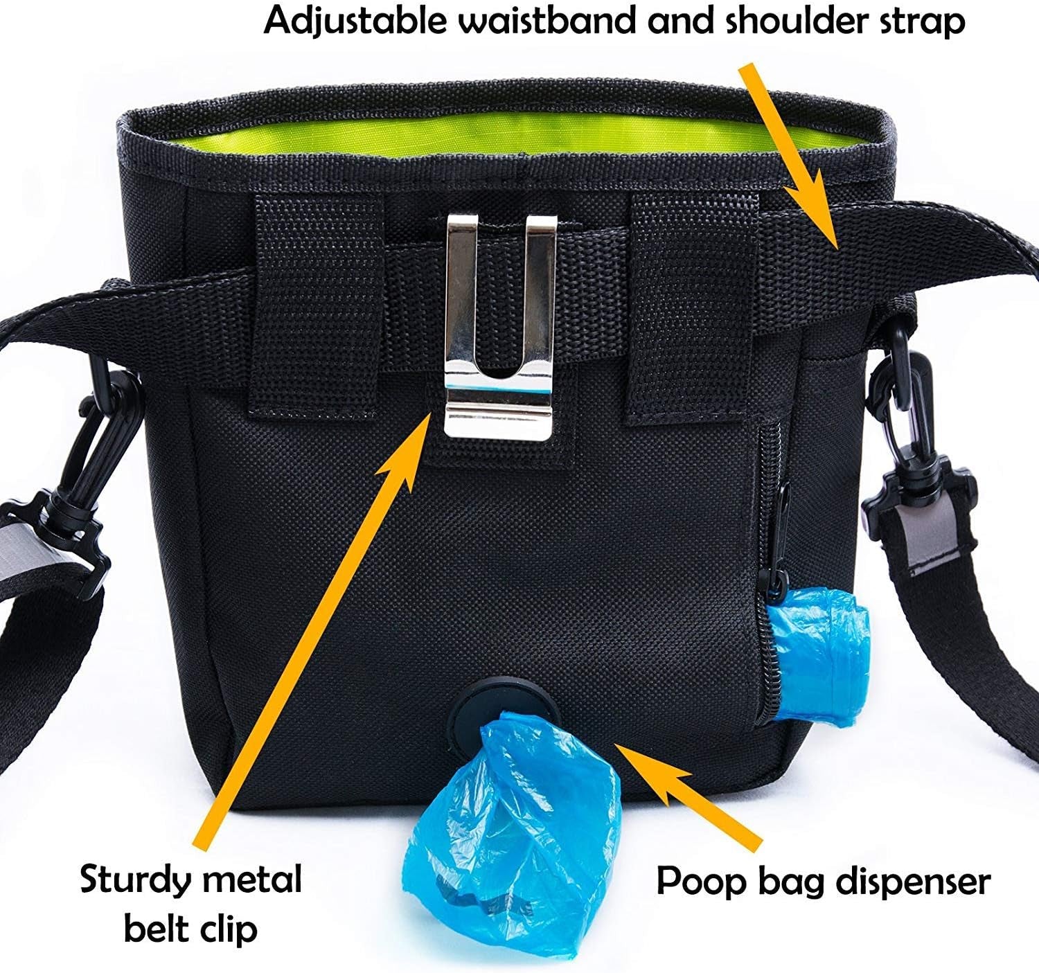Professional Dog Training Treat Pouch with Poop Bag Dispenser, Clicker, Collapsible Bowl, and Reflective Shoulder Strap - Black/Green