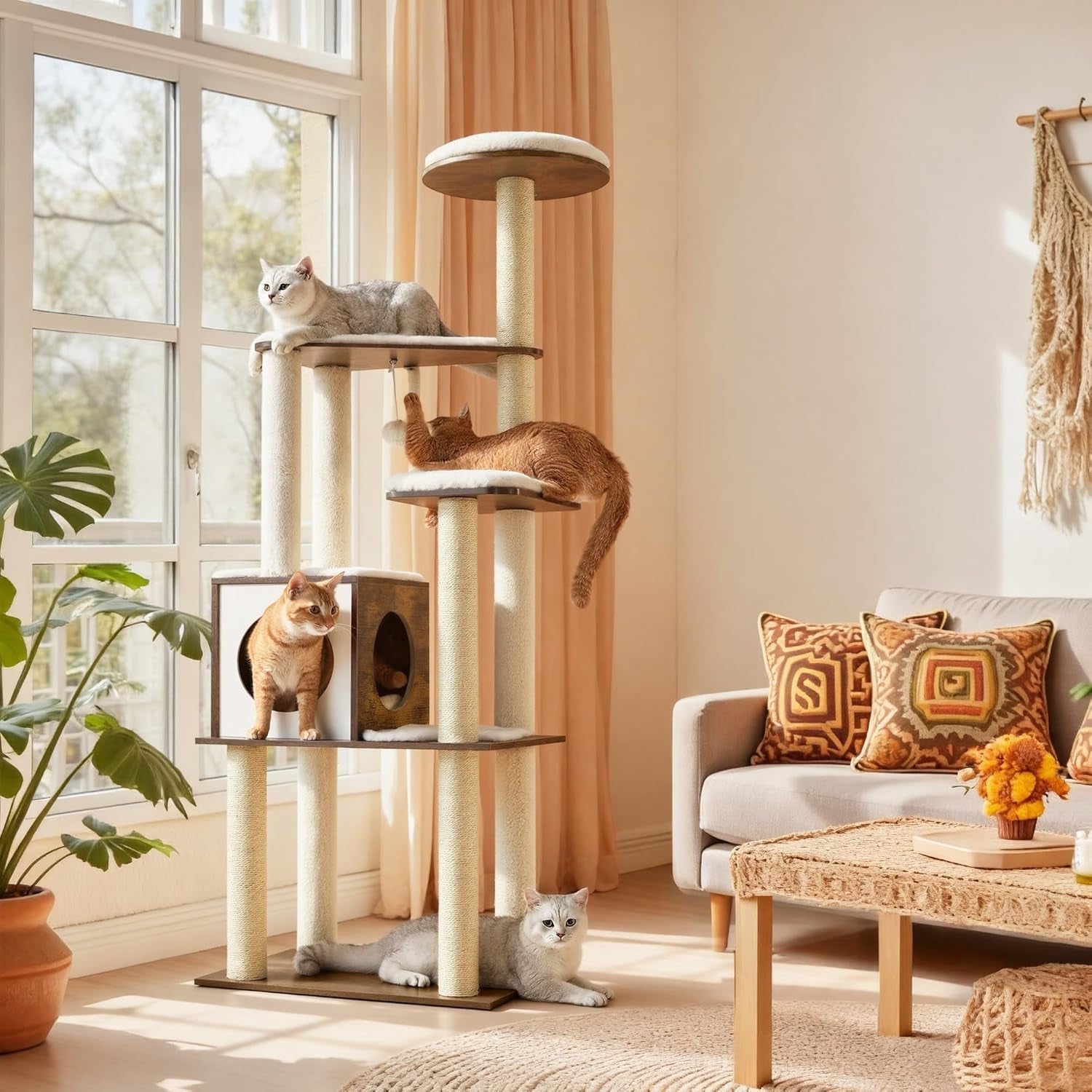 Cat Tree, 64.6-Inch Modern Cat Tower, Multi-Level Condo with 5 Scratching Posts, Perch, Washable Removable Cushions, Cave, Rustic Brown UPCT166X01