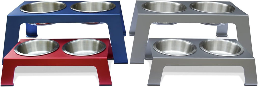 Premium Anodized Aluminum Elevated Dog and Cat Bowls - 4" Short Feeder with Food Grade Stainless Steel Bowls in Metallic Gray
