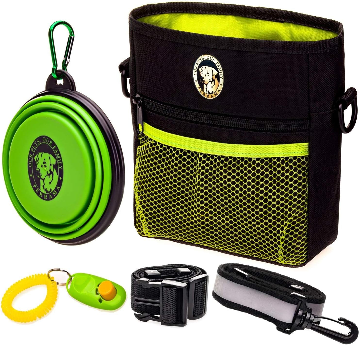 Professional Dog Training Treat Pouch with Poop Bag Dispenser, Clicker, Collapsible Bowl, and Reflective Shoulder Strap - Black/Green