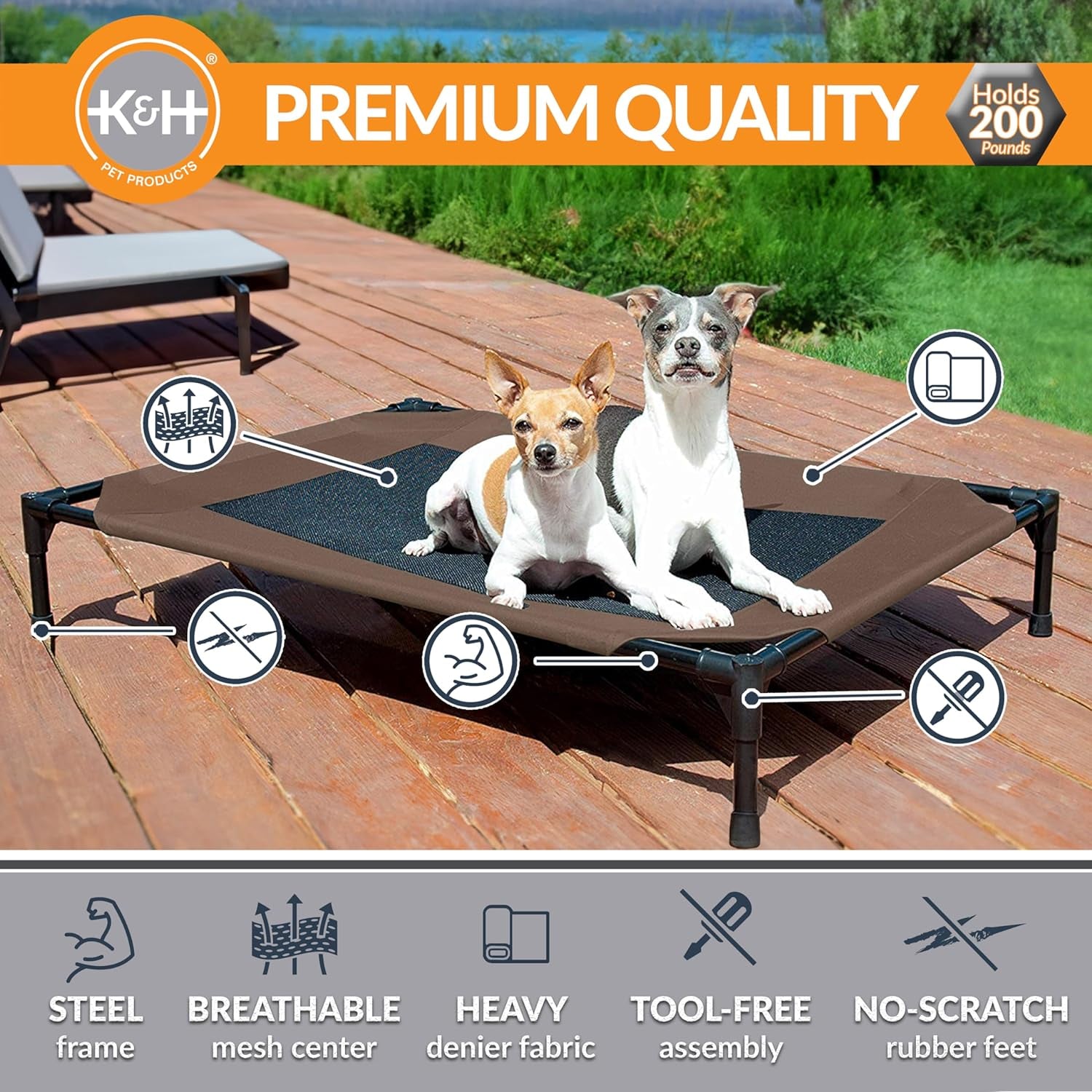 Elevated Outdoor Dog Cot - Breathable Cooling Hammock Bed for Large Dogs, Washable Mesh Cover, Collapsible Portable Design, 42 x 30 inches, Chocolate
