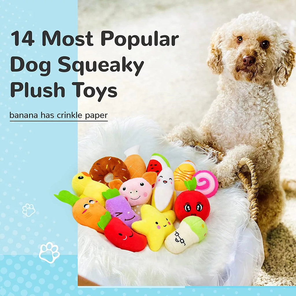 14-Pack Plush Dog Squeaky Toys - Assorted Fruits and Vegetables for Small to Medium Dogs
