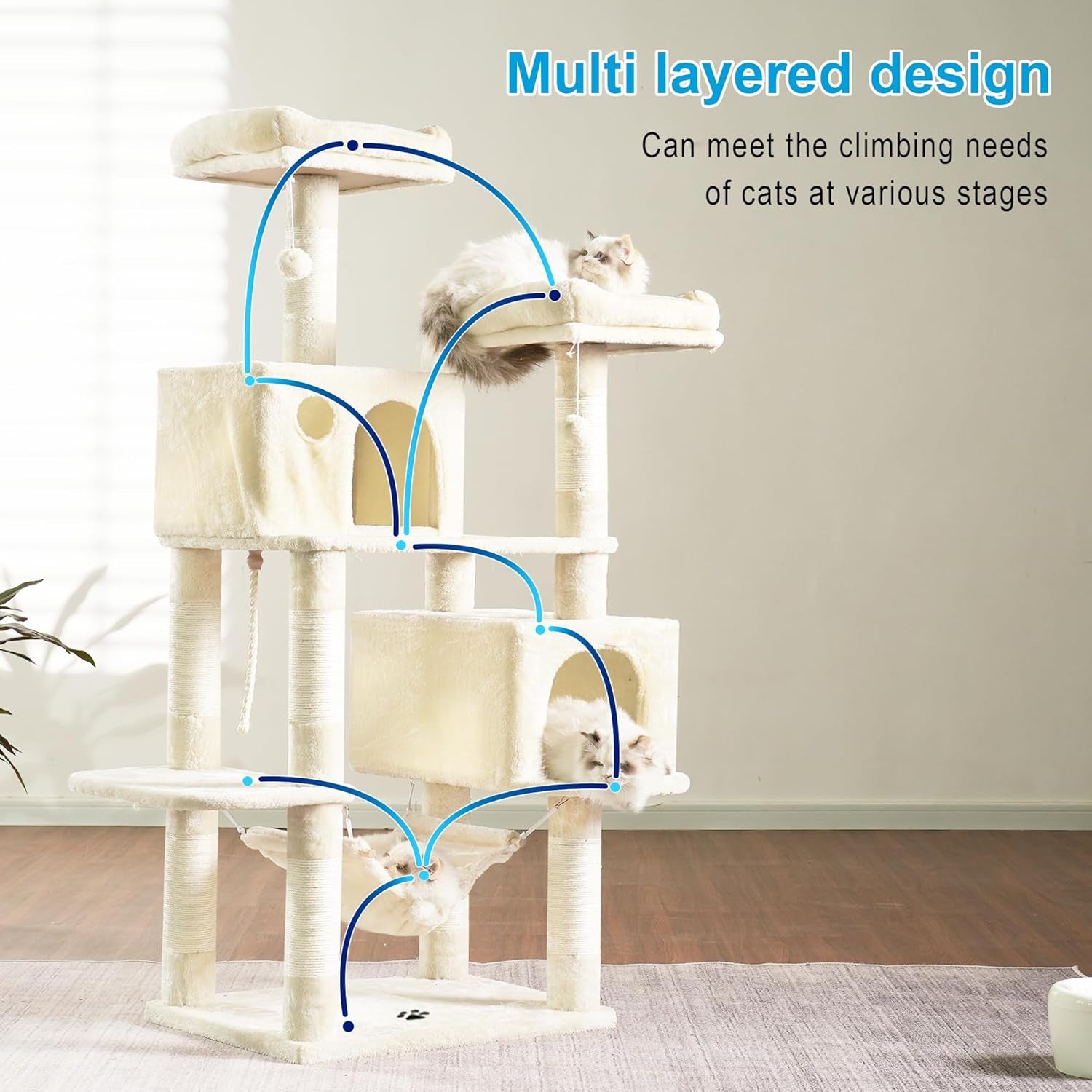 Large Multi-Level Cat Tree with Sisal-Covered Scratching Posts, Spacious Plush Condos, and Perch Hammock for Cats and Kittens - Beige MPJ020M