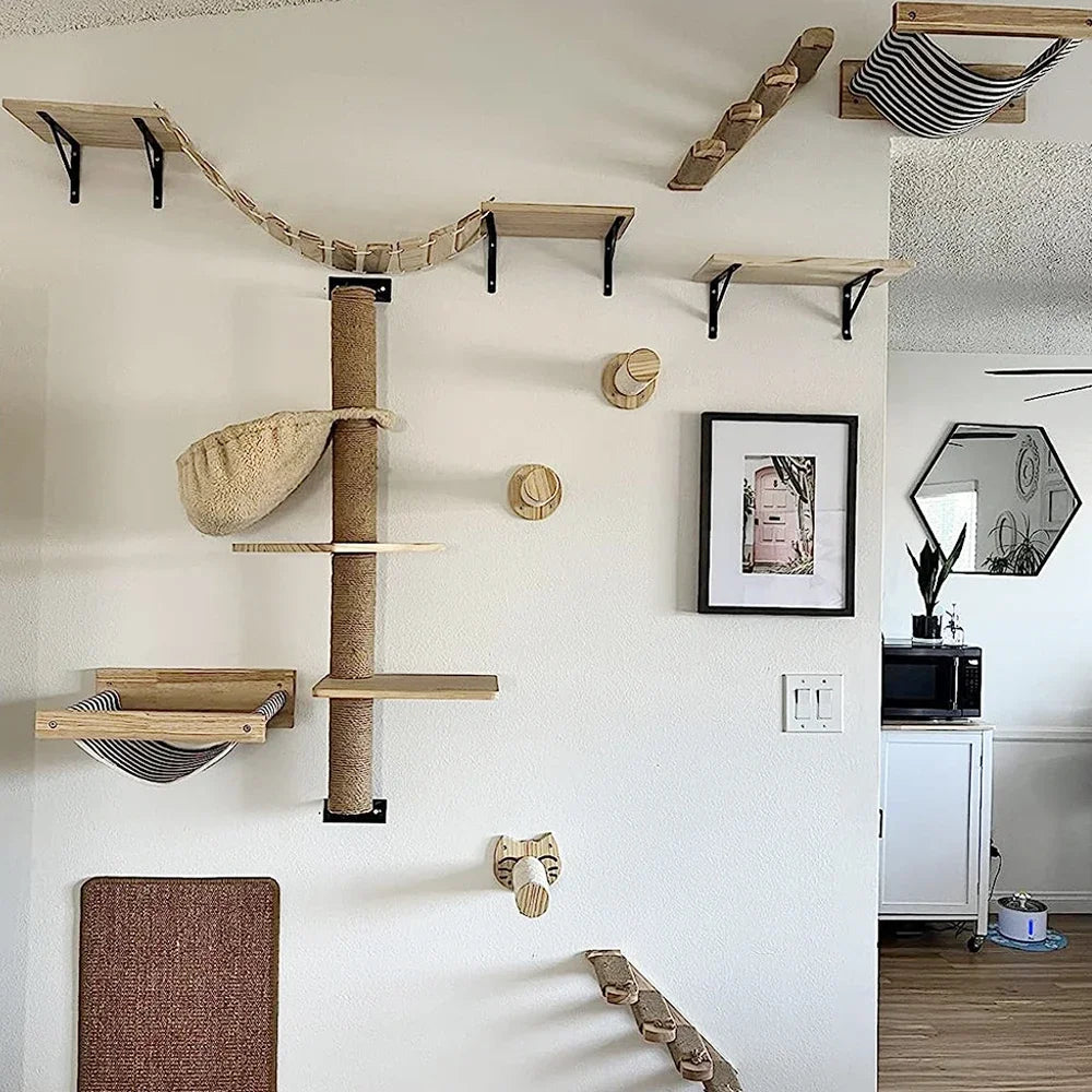 Cat Wall Climbing Shelf with Ladder, Scratching Post, and Hiding House - Pet Furniture Accessory for Cats