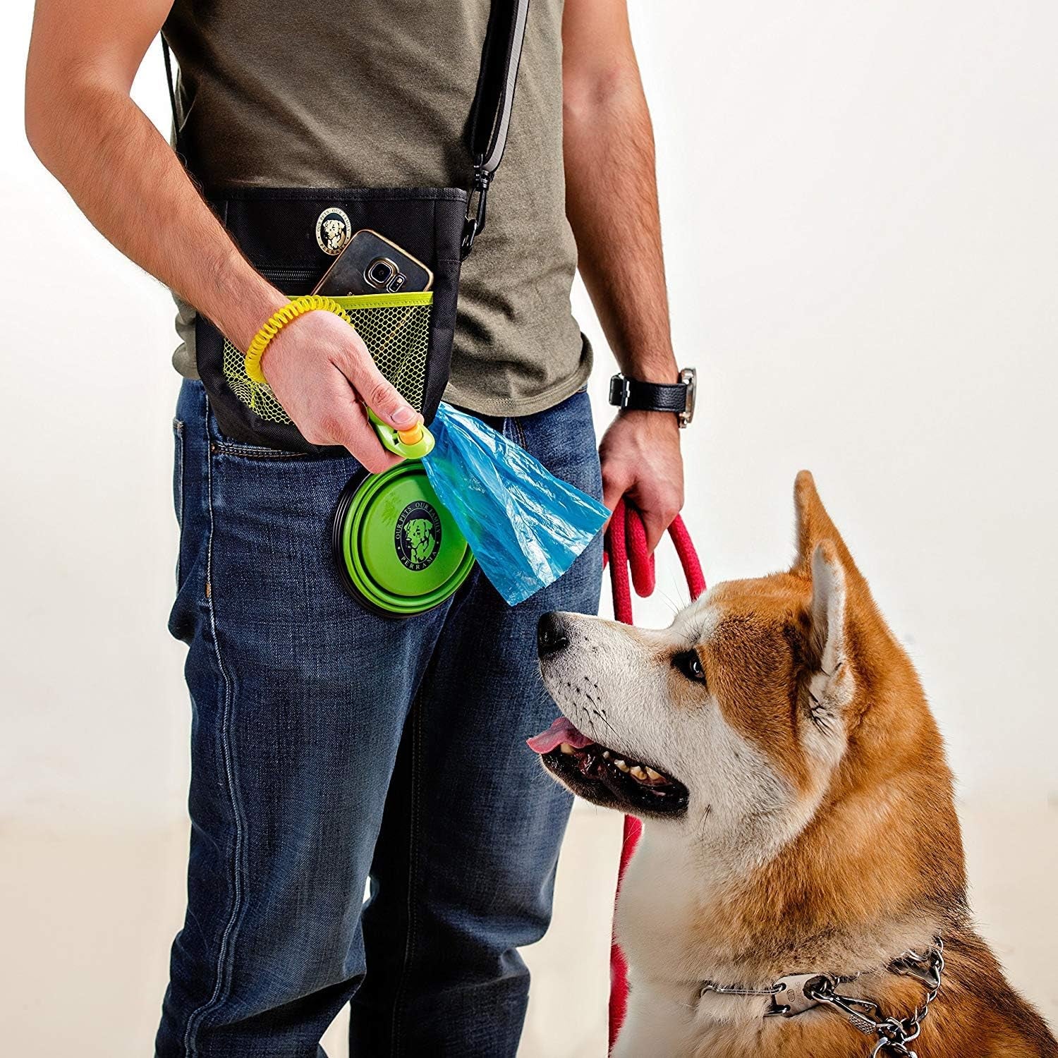 Professional Dog Training Treat Pouch with Poop Bag Dispenser, Clicker, Collapsible Bowl, and Reflective Shoulder Strap - Black/Green
