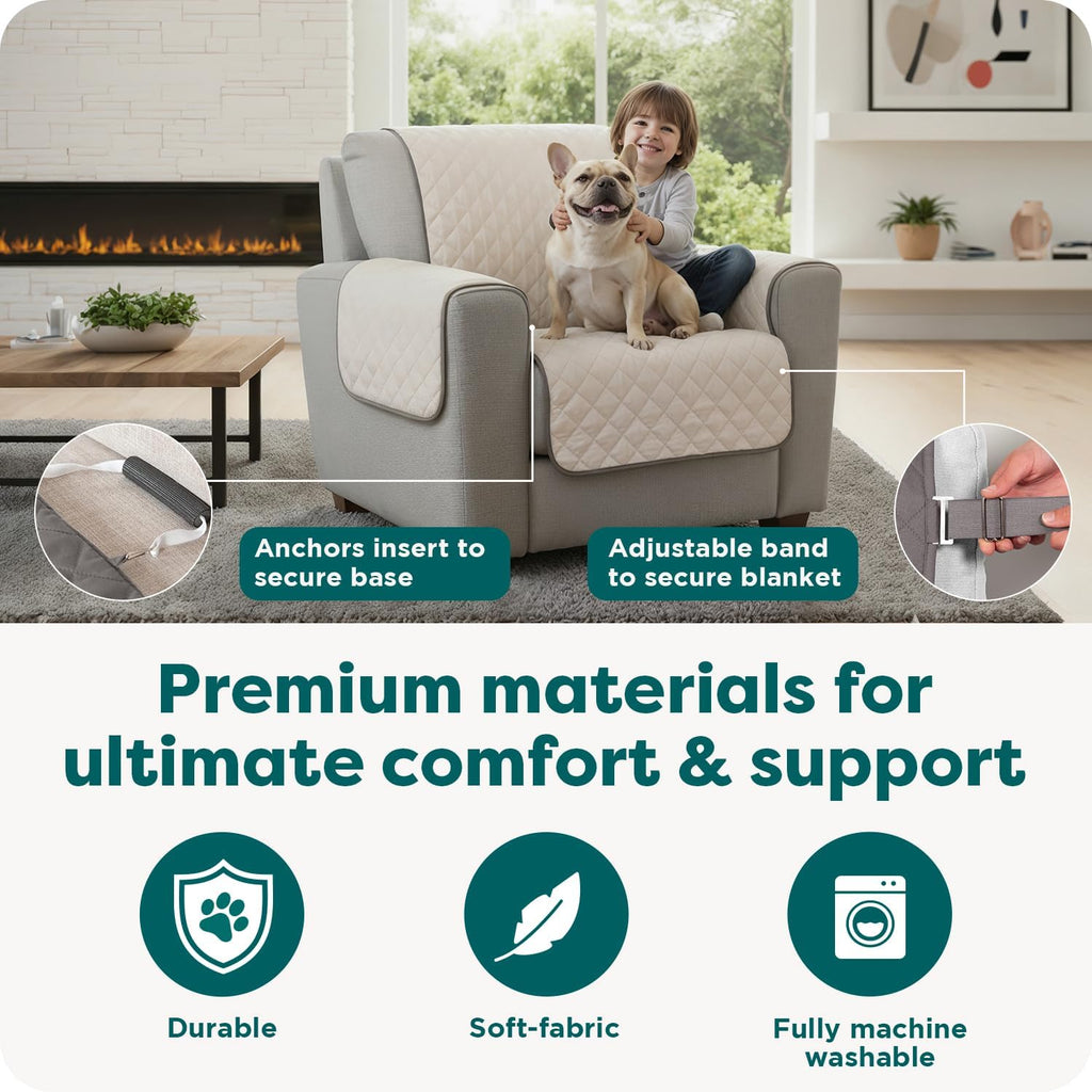 Water-Resistant Sofa Cover for Dogs & Cats, Reversible Couch Protector with Secure Straps and Pinsonic Quilted Fabric, Machine Washable Couch Cover, Large Sofa, Gray Mist