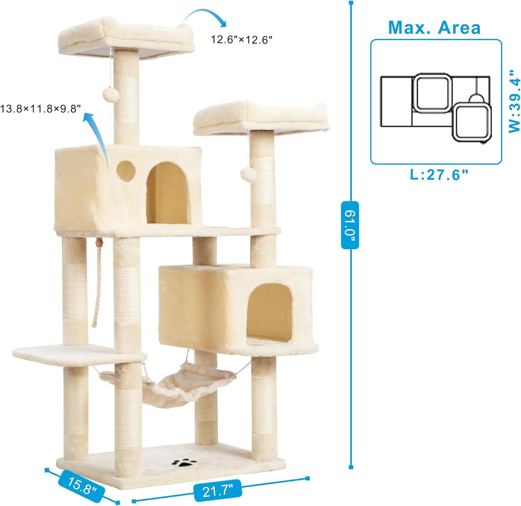 Large Multi-Level Cat Tree with Sisal-Covered Scratching Posts, Spacious Plush Condos, and Perch Hammock for Cats and Kittens - Beige MPJ020M