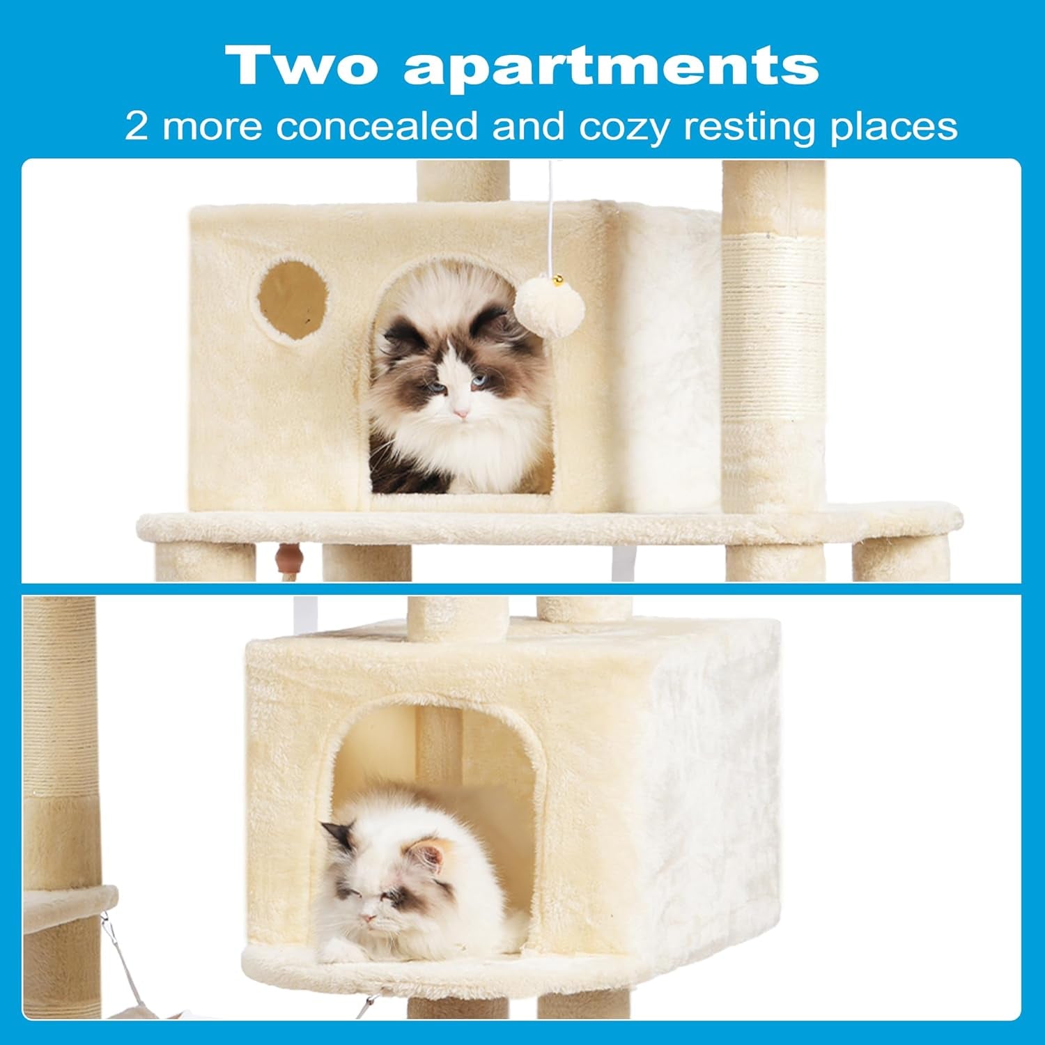 Large Multi-Level Cat Tree with Sisal-Covered Scratching Posts, Spacious Plush Condos, and Perch Hammock for Cats and Kittens - Beige MPJ020M