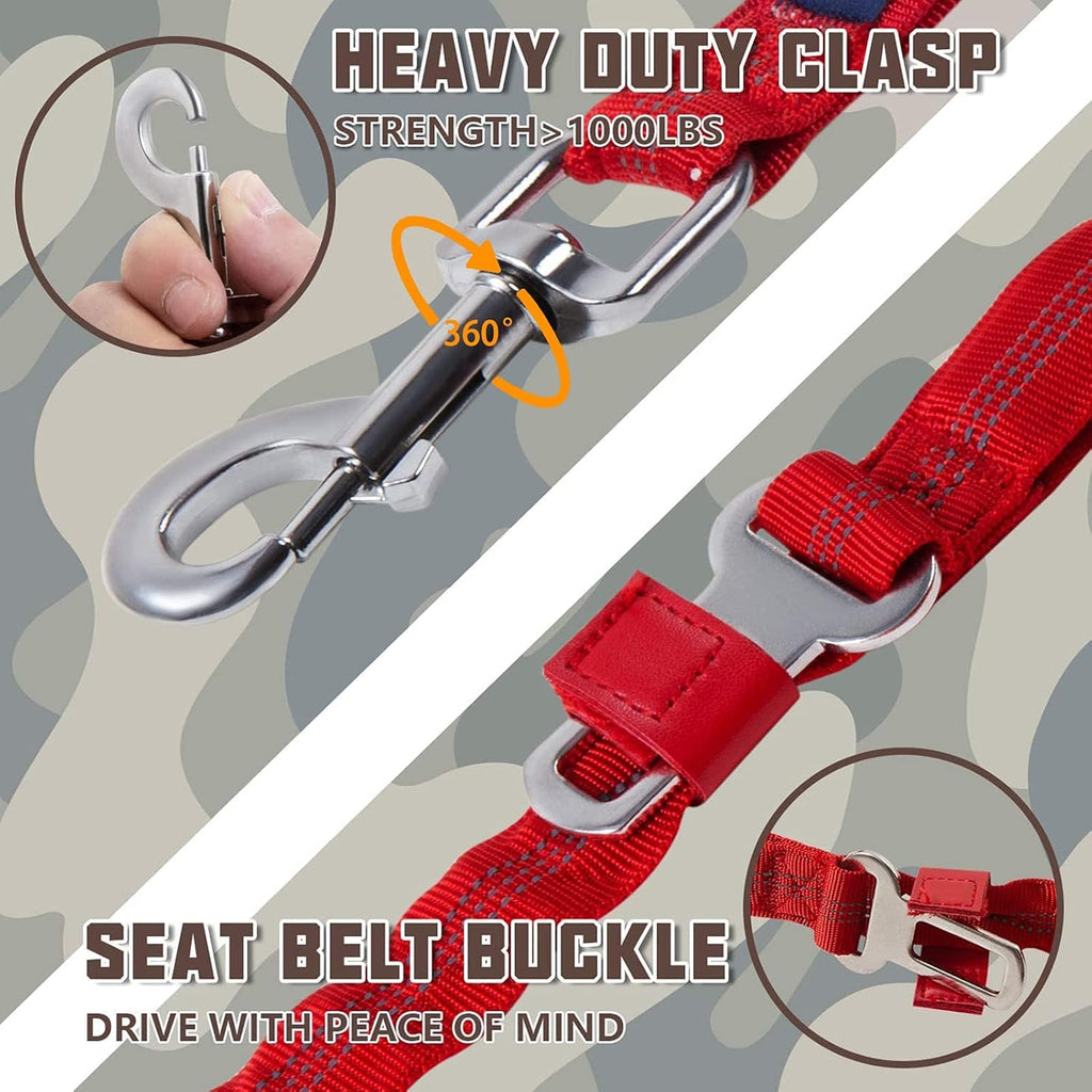 Heavy Duty Bungee Dog Leash for Large Breed Dogs, No Pull for Shock Absorption with Car Seat Belt, 2 Padded Handles 4.5Foot 6Foot Training Dog Leash Red
