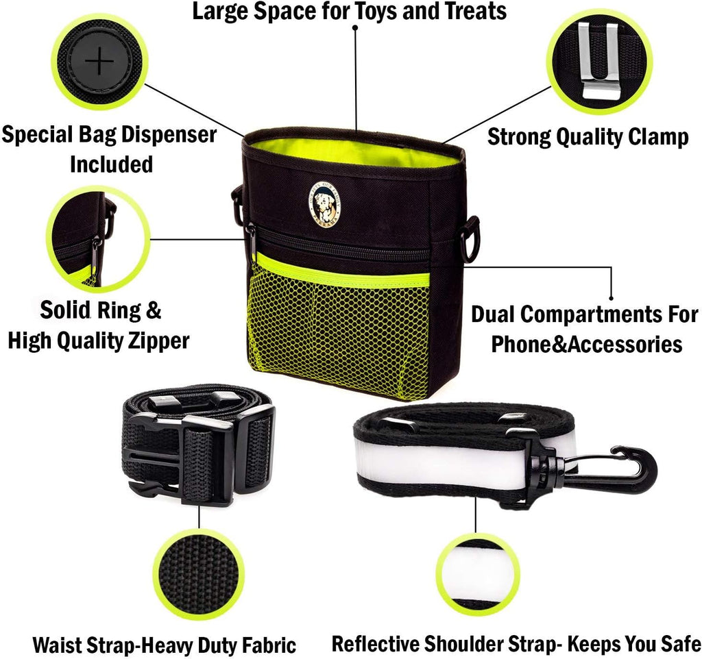 Professional Dog Training Treat Pouch with Poop Bag Dispenser, Clicker, Collapsible Bowl, and Reflective Shoulder Strap - Black/Green