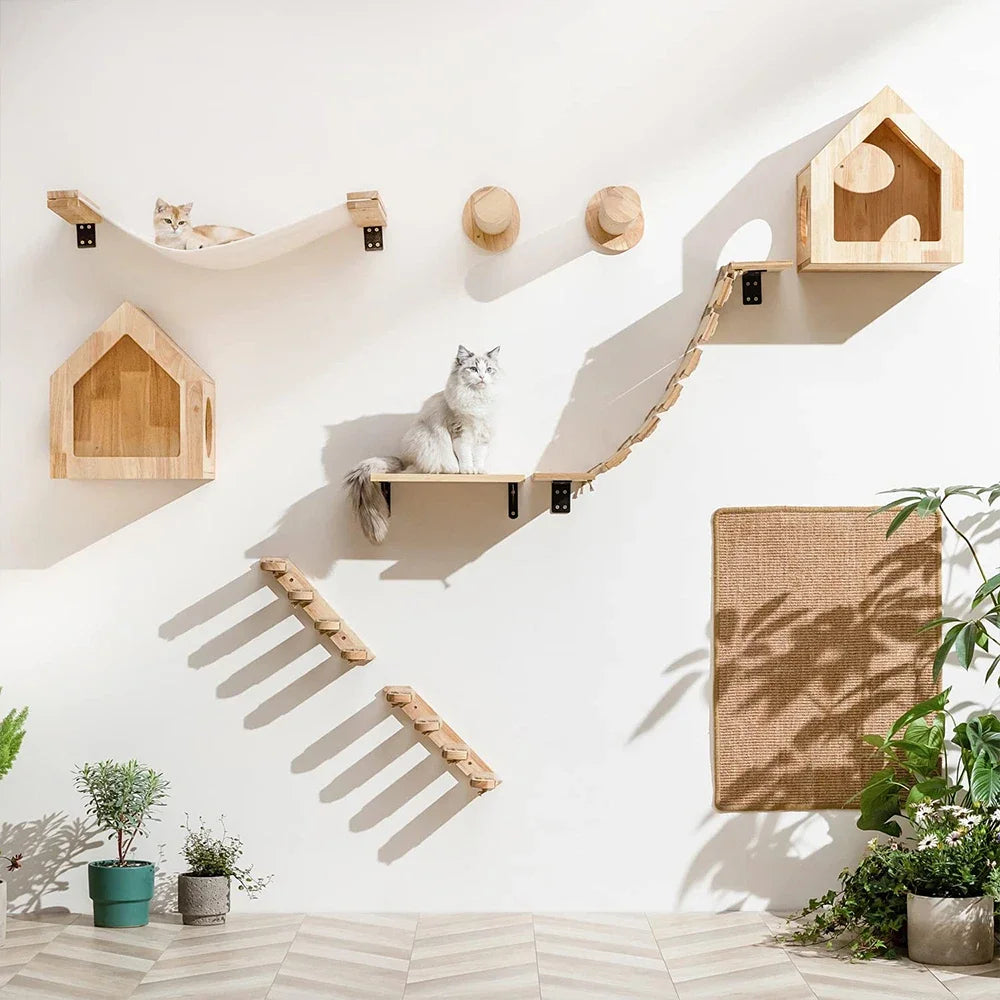 Cat Wall Climbing Shelf with Ladder, Scratching Post, and Hiding House - Pet Furniture Accessory for Cats