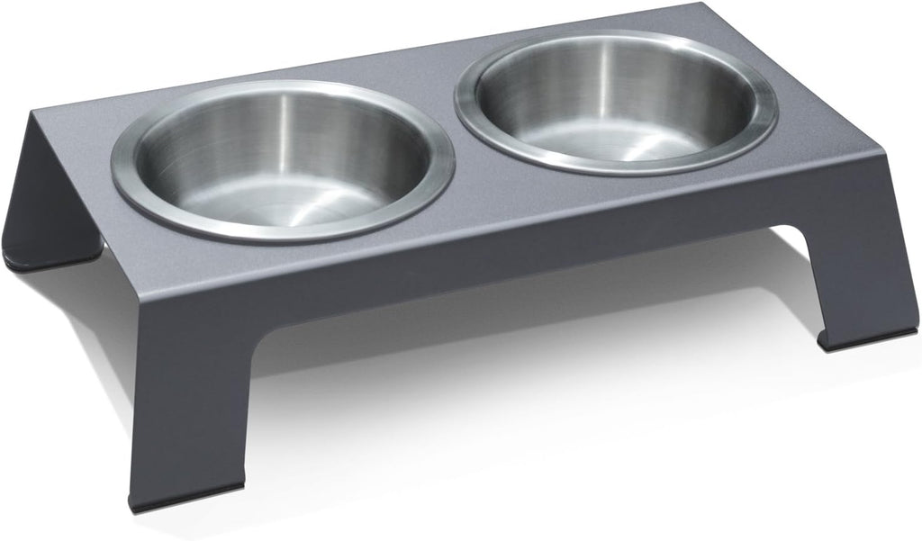 Premium Anodized Aluminum Elevated Dog and Cat Bowls - 4" Short Feeder with Food Grade Stainless Steel Bowls in Metallic Gray