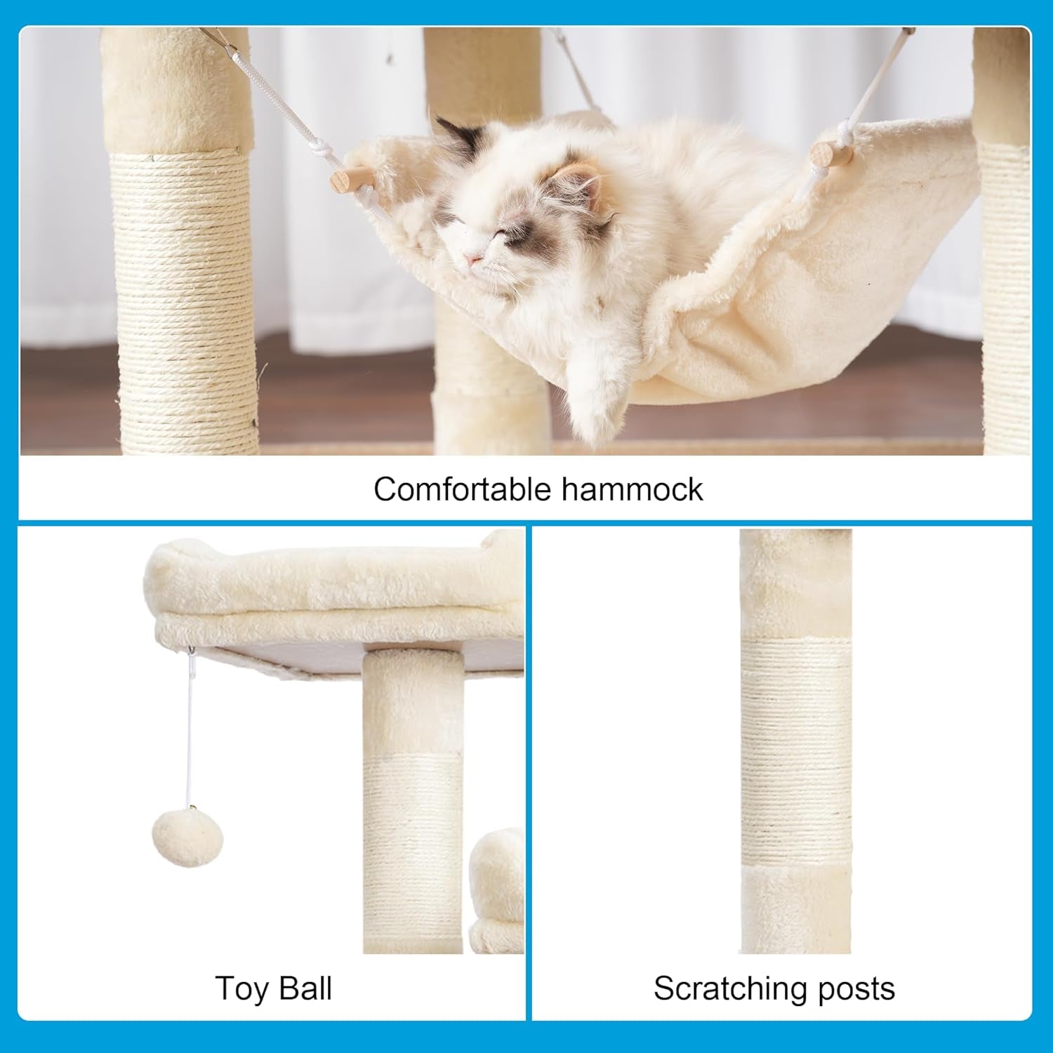 Large Multi-Level Cat Tree with Sisal-Covered Scratching Posts, Spacious Plush Condos, and Perch Hammock for Cats and Kittens - Beige MPJ020M