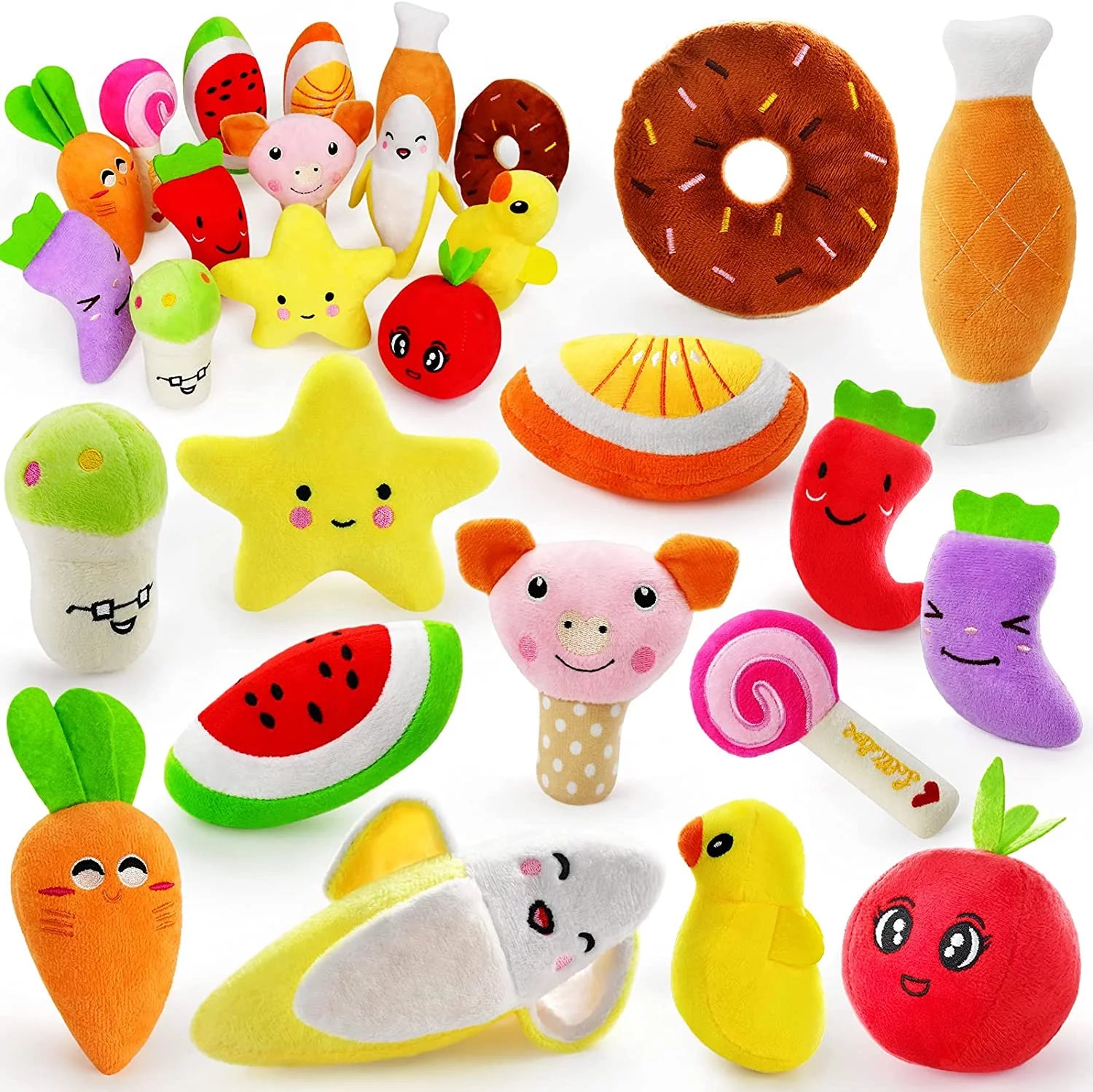 14-Pack Plush Dog Squeaky Toys - Assorted Fruits and Vegetables for Small to Medium Dogs