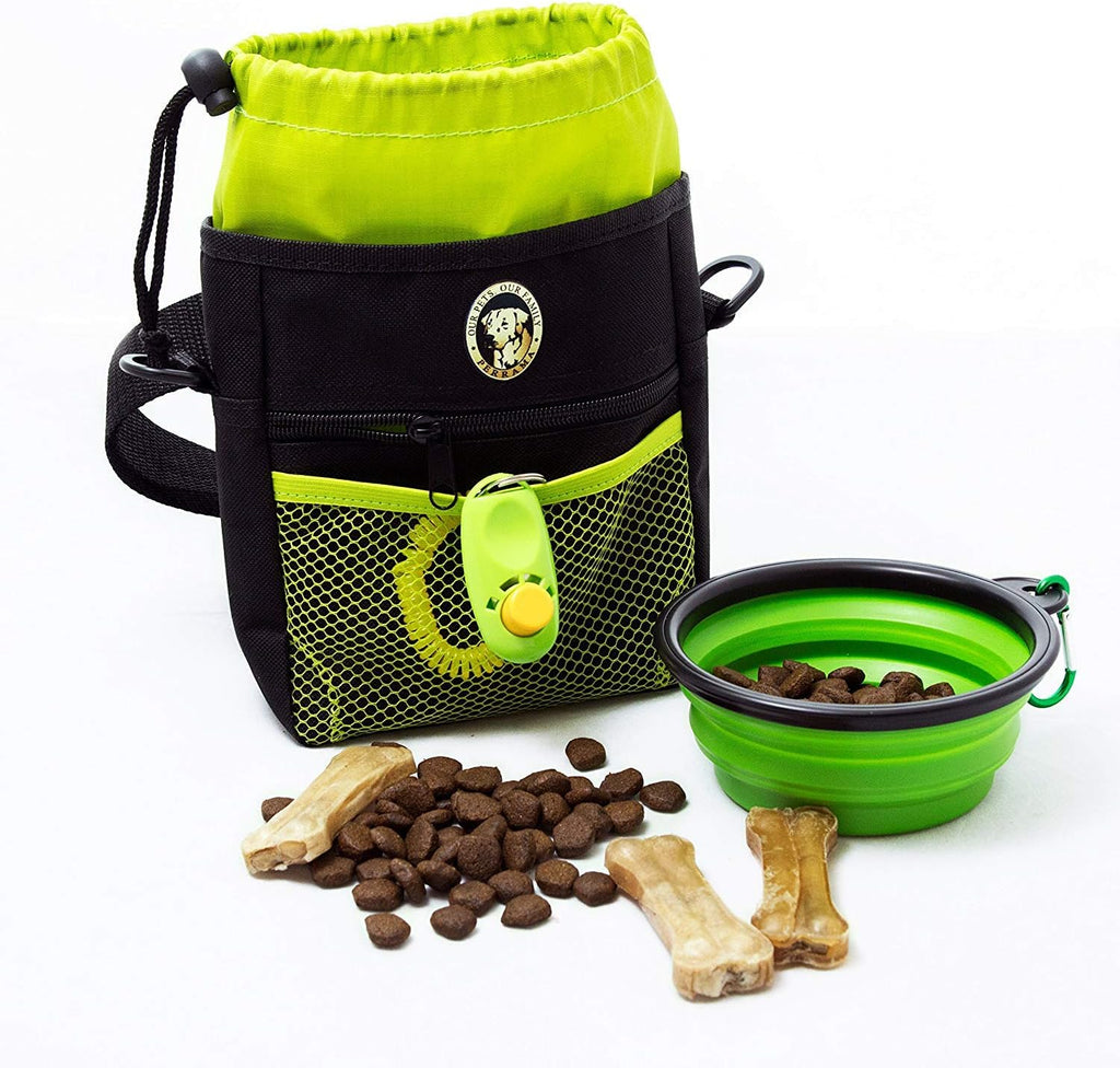 Professional Dog Training Treat Pouch with Poop Bag Dispenser, Clicker, Collapsible Bowl, and Reflective Shoulder Strap - Black/Green