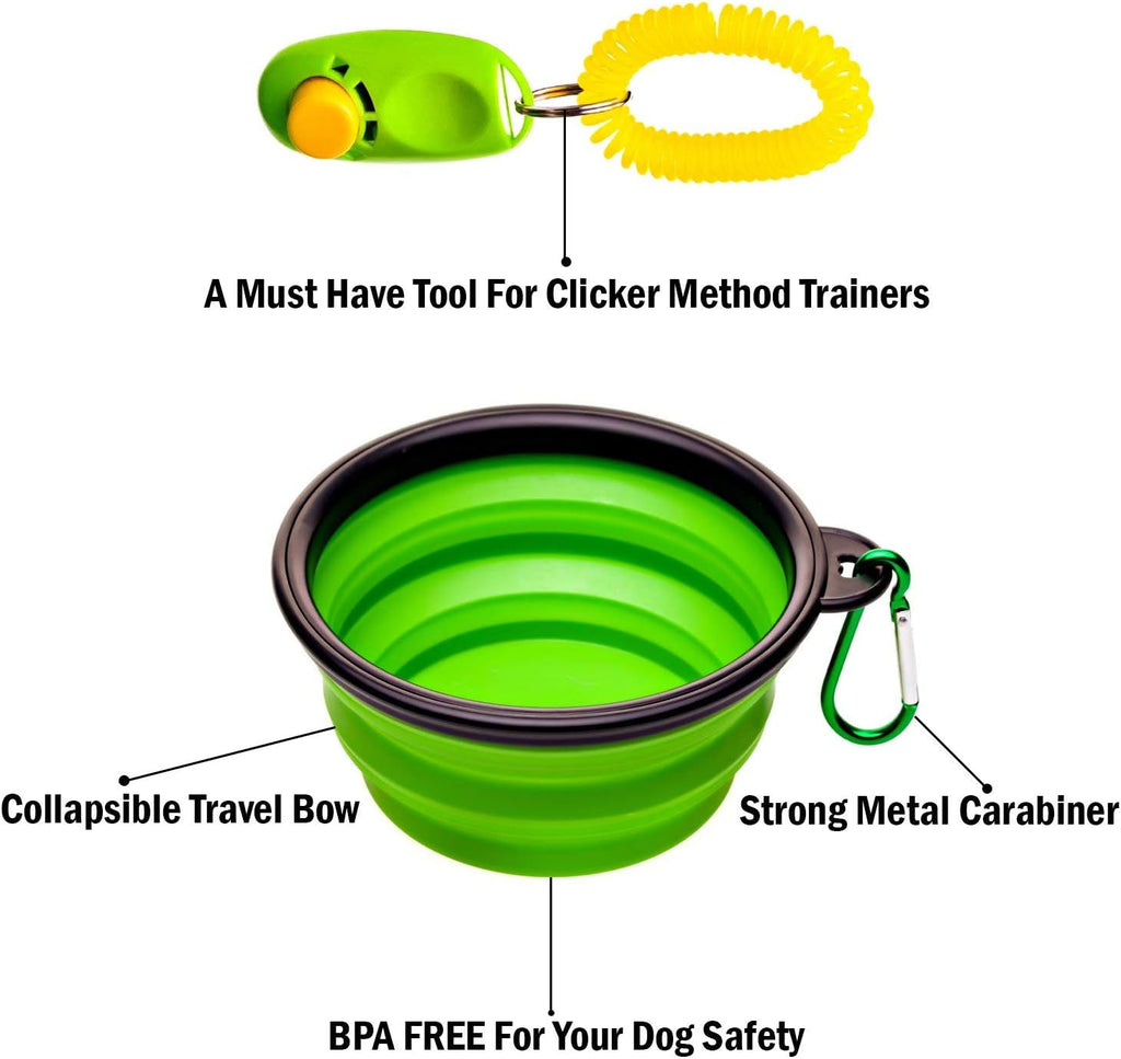 Professional Dog Training Treat Pouch with Poop Bag Dispenser, Clicker, Collapsible Bowl, and Reflective Shoulder Strap - Black/Green