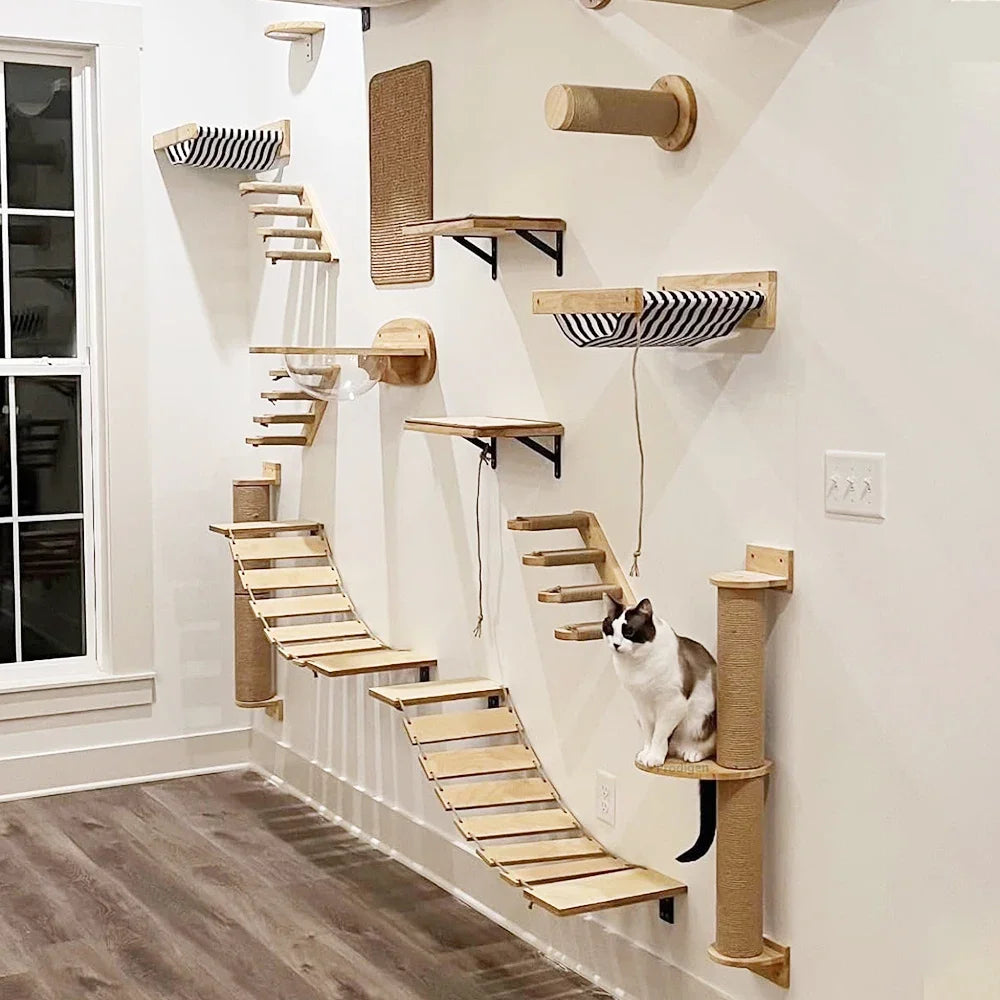 Cat Wall Climbing Shelf with Ladder, Scratching Post, and Hiding House - Pet Furniture Accessory for Cats