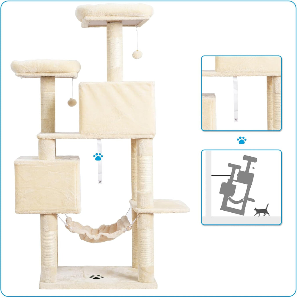Large Multi-Level Cat Tree with Sisal-Covered Scratching Posts, Spacious Plush Condos, and Perch Hammock for Cats and Kittens - Beige MPJ020M
