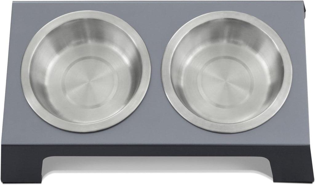 Premium Anodized Aluminum Elevated Dog and Cat Bowls - 4" Short Feeder with Food Grade Stainless Steel Bowls in Metallic Gray