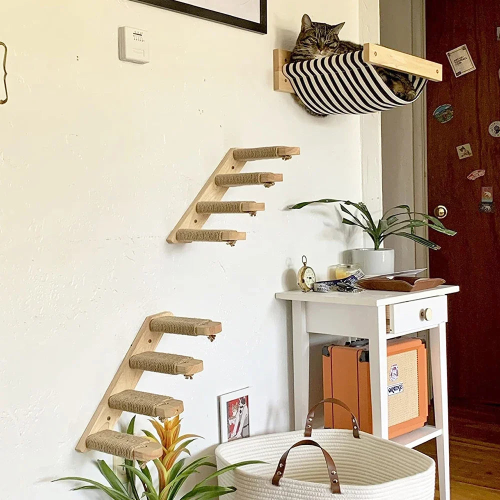 Cat Wall Climbing Shelf with Ladder, Scratching Post, and Hiding House - Pet Furniture Accessory for Cats