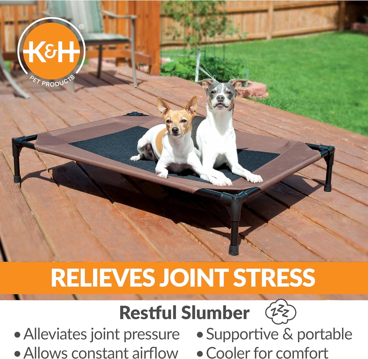 Elevated Outdoor Dog Cot - Breathable Cooling Hammock Bed for Large Dogs, Washable Mesh Cover, Collapsible Portable Design, 42 x 30 inches, Chocolate