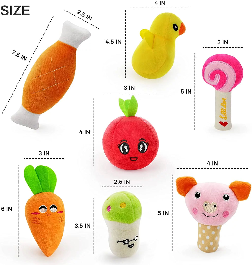 14-Pack Plush Dog Squeaky Toys - Assorted Fruits and Vegetables for Small to Medium Dogs