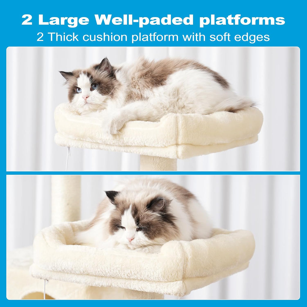 Large Multi-Level Cat Tree with Sisal-Covered Scratching Posts, Spacious Plush Condos, and Perch Hammock for Cats and Kittens - Beige MPJ020M