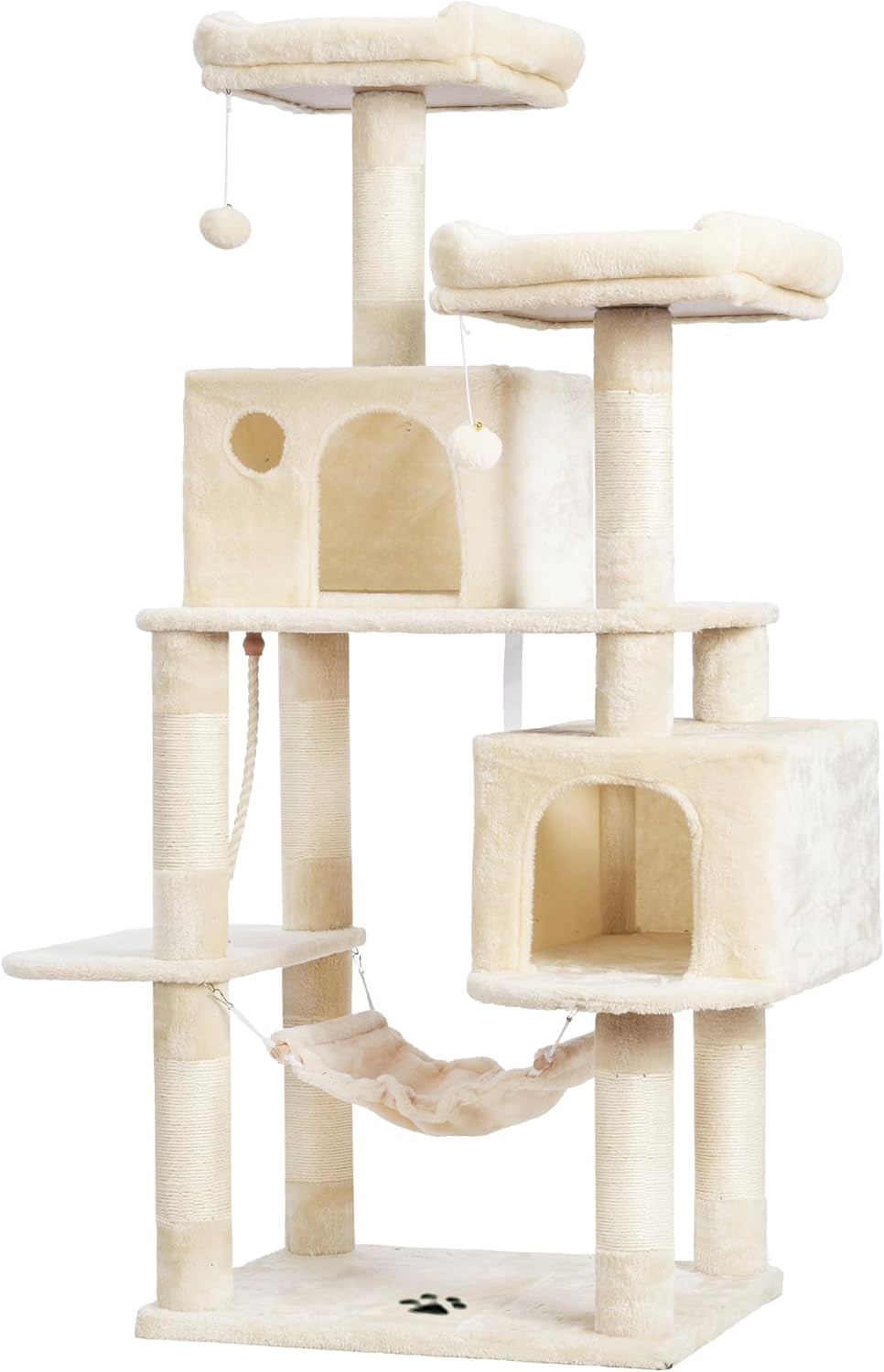 Large Multi-Level Cat Tree with Sisal-Covered Scratching Posts, Spacious Plush Condos, and Perch Hammock for Cats and Kittens - Beige MPJ020M