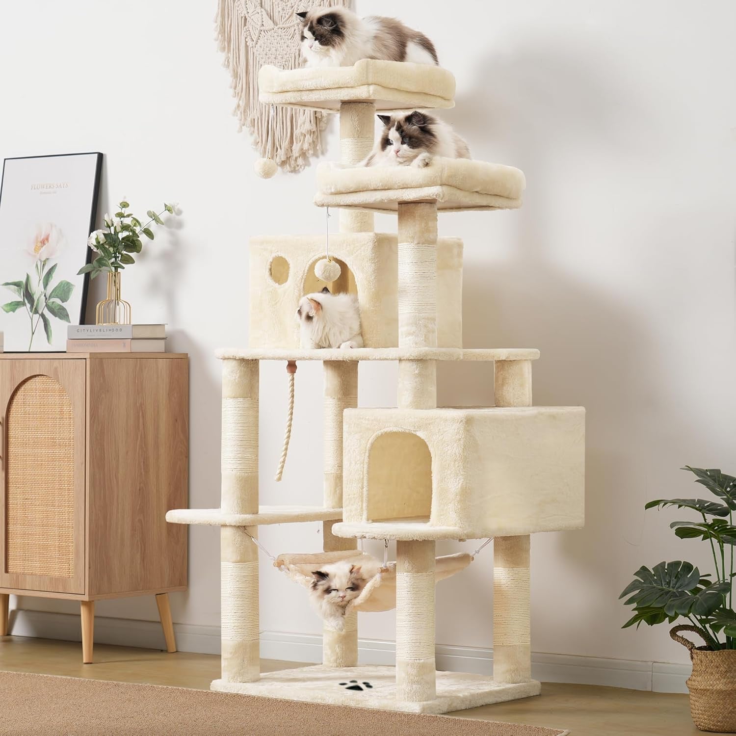 Large Multi-Level Cat Tree with Sisal-Covered Scratching Posts, Spacious Plush Condos, and Perch Hammock for Cats and Kittens - Beige MPJ020M