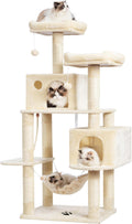Large Multi-Level Cat Tree with Sisal-Covered Scratching Posts, Spacious Plush Condos, and Perch Hammock for Cats and Kittens - Beige MPJ020M