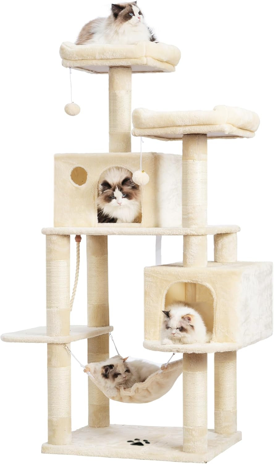 Large Multi-Level Cat Tree with Sisal-Covered Scratching Posts, Spacious Plush Condos, and Perch Hammock for Cats and Kittens - Beige MPJ020M